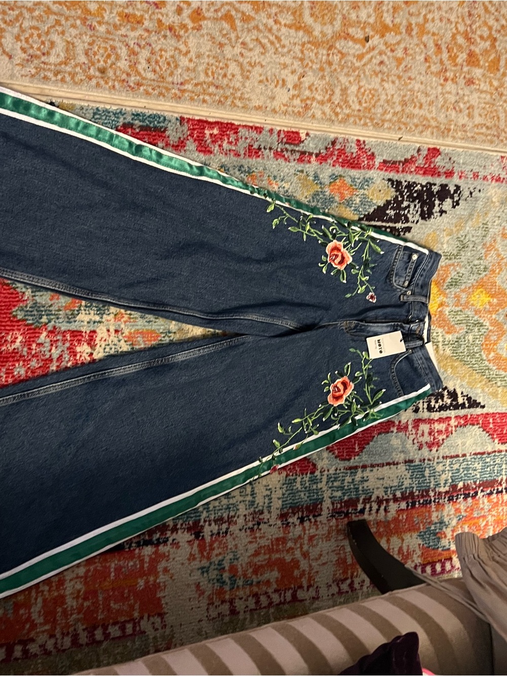 Topshop Dark Blue Jeans with Rose Embroidery and Green Side Stripe
